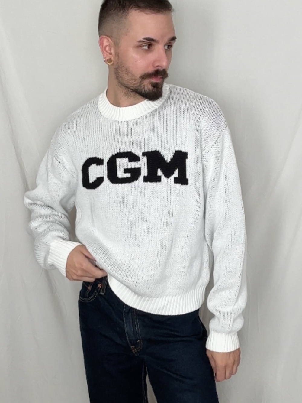 Collegium Cotton Crewneck Sweater White Black Size S